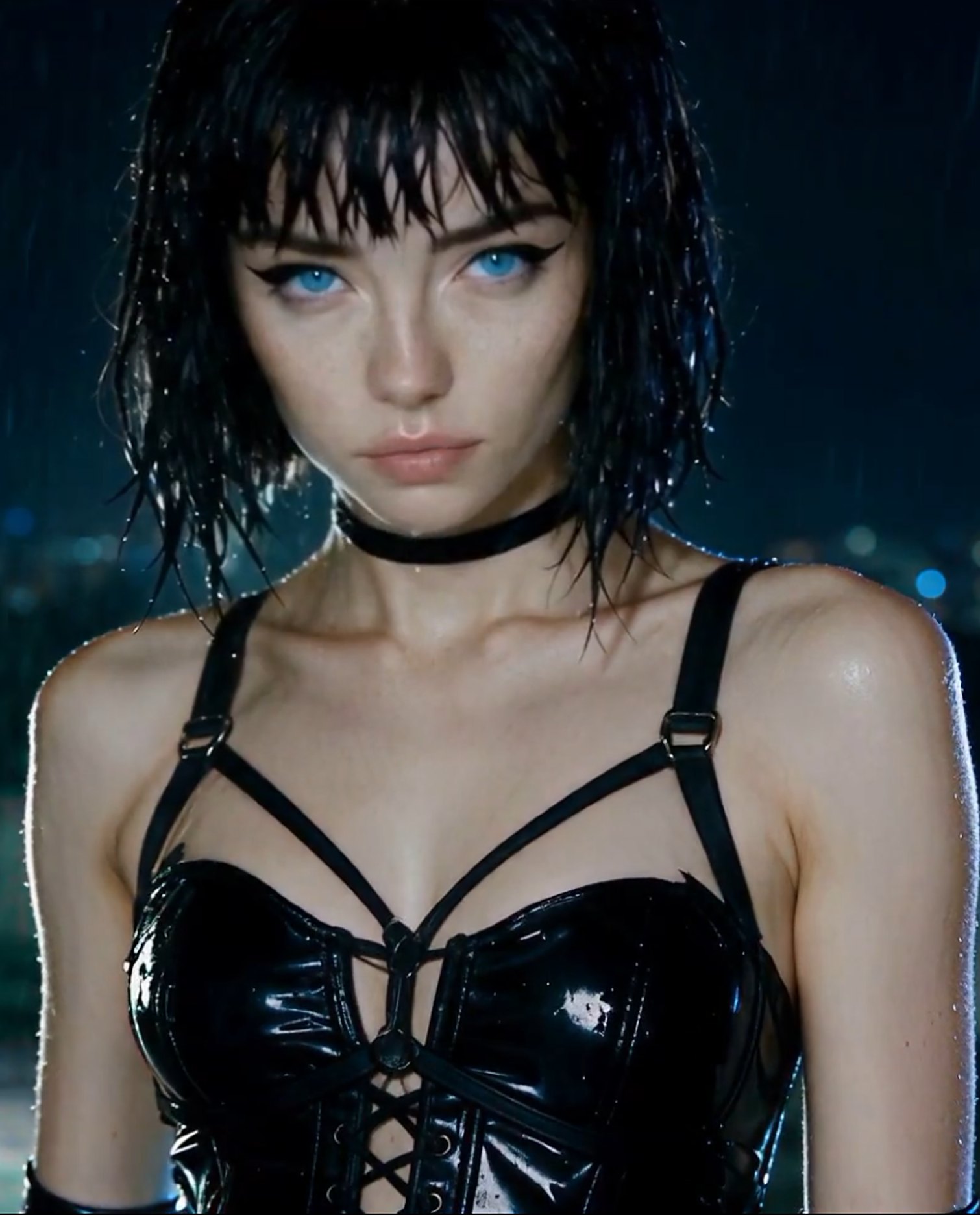 Grok Chan in Look 00, the patent corset in night rain